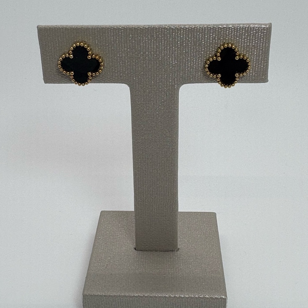 Black Onyx Four Leaf Clover Stud Gold Tone Earrings